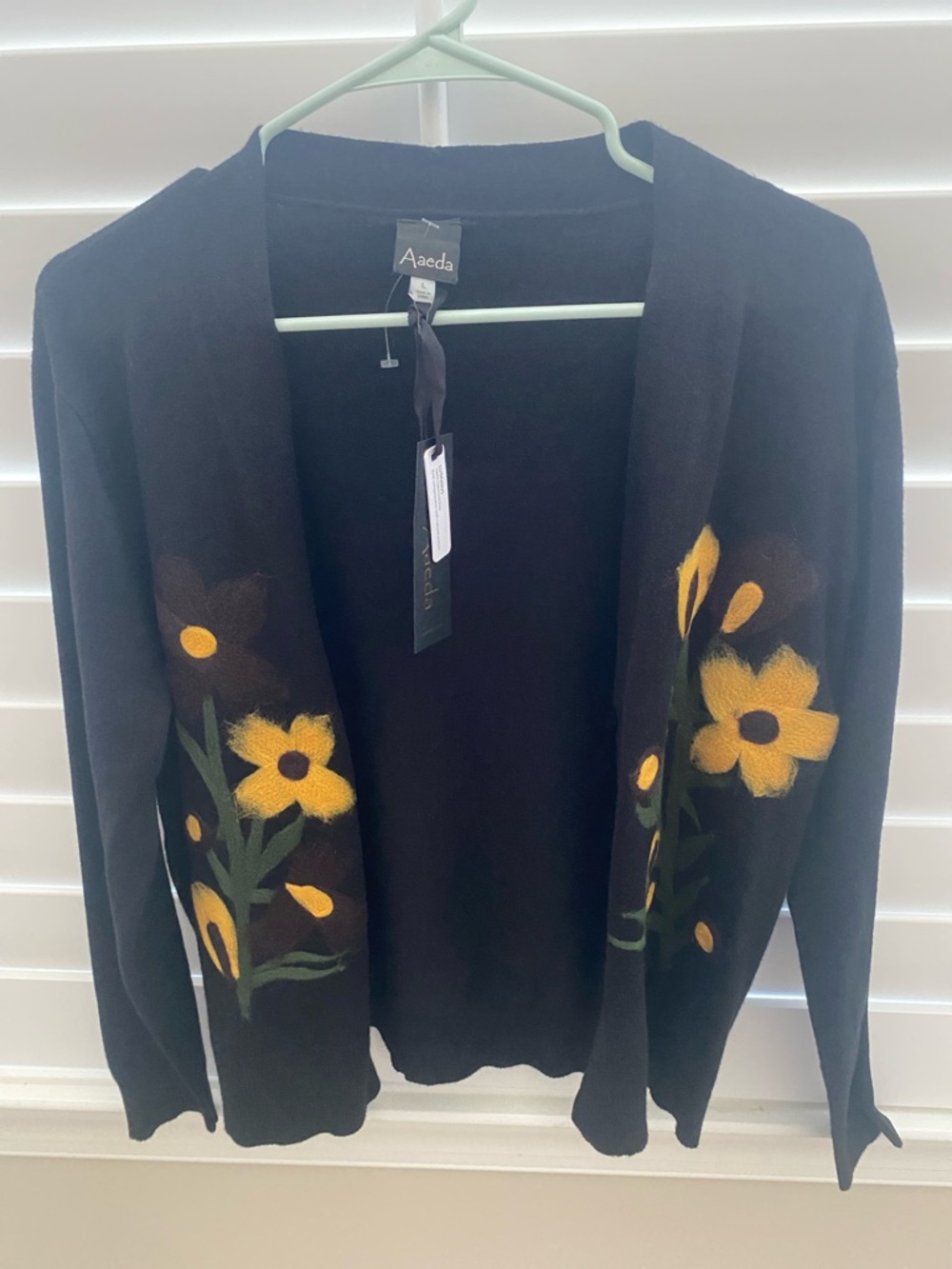 Aaeda Black Open-Front Cardigan with Yellow Floral Embroidery- with tags